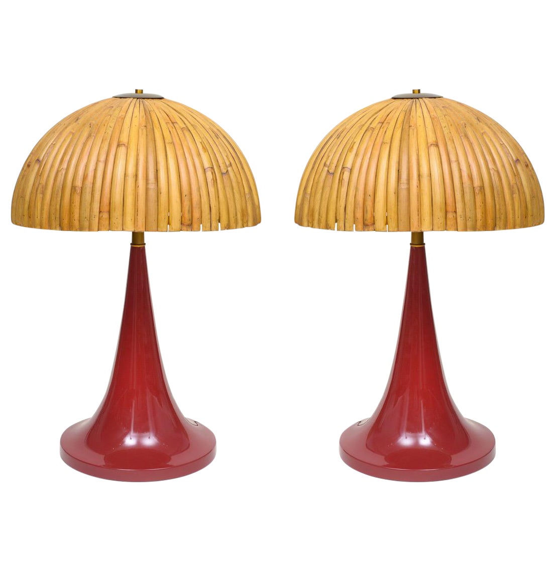 Large Bamboo Pair of Table Lamps with Red Lacquer Bases