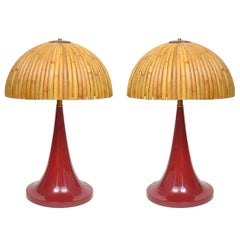 Large Bamboo Pair of Table Lamps with Red Lacquer Bases