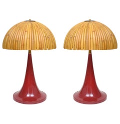Gabriella Crespi Style Large Bamboo Pair of Table Lamps with Red Lacquer Bases