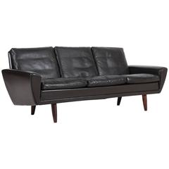 Scandinavian Three-Seat Brown Leather Sofa, 1960s