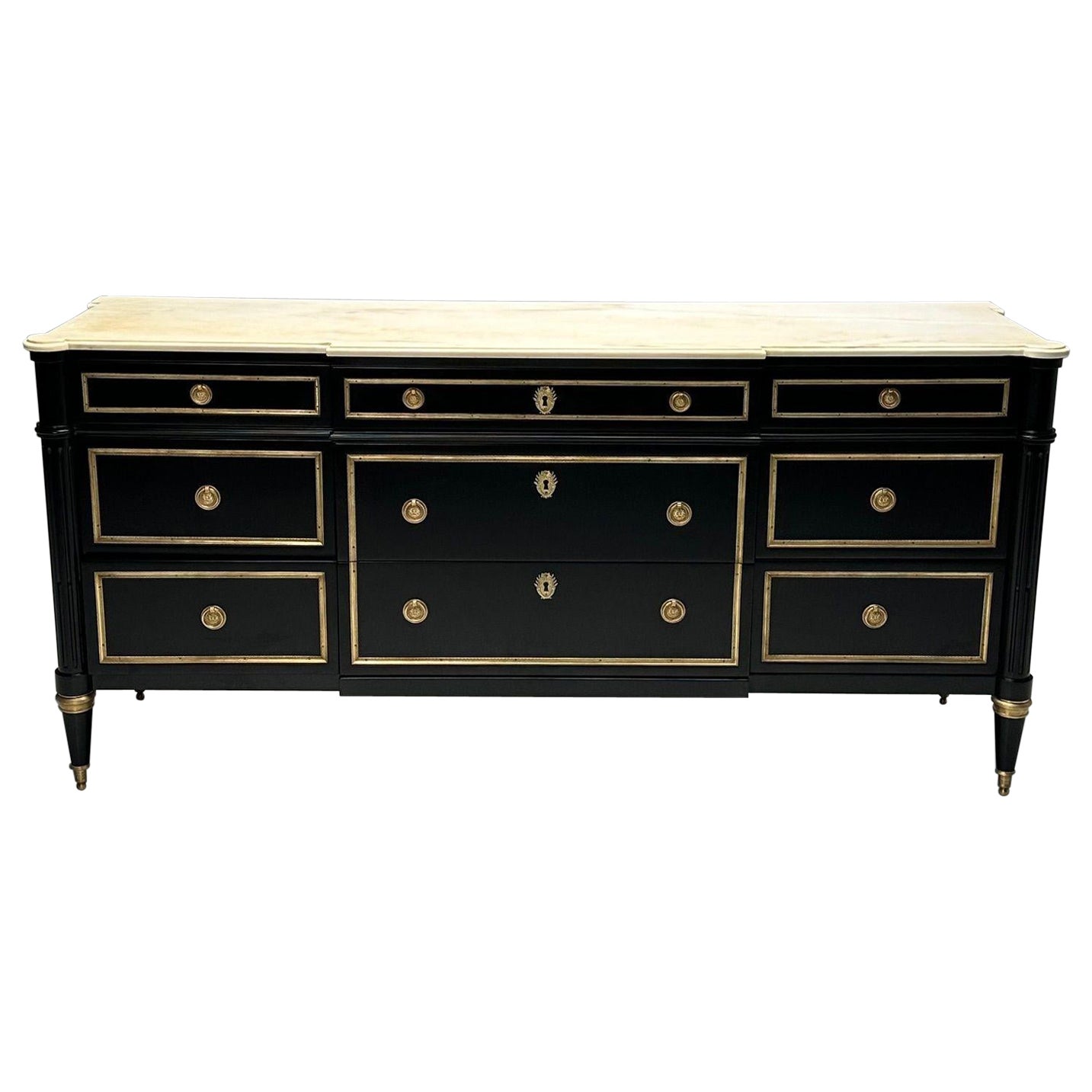 Maison Jansen, Hollywood Regency, Large Commode, Black Wood, Marble, 1940s