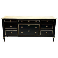 Vintage Maison Jansen, Hollywood Regency, Large Commode, Black Wood, Marble, 1940s