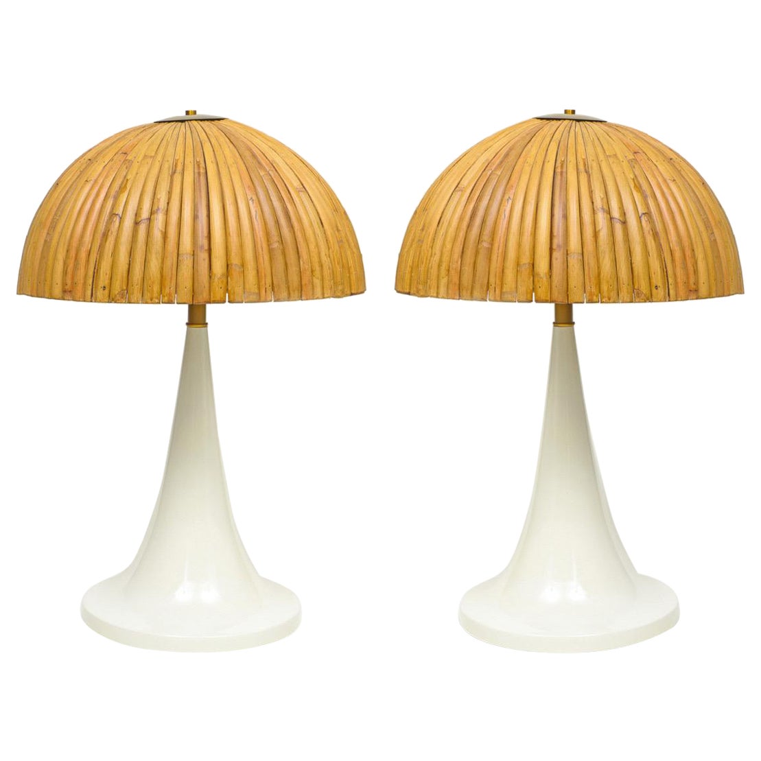 Gabriella Crespi Style Large Bamboo Pair of Table Lamps with White Lacquer Bases
