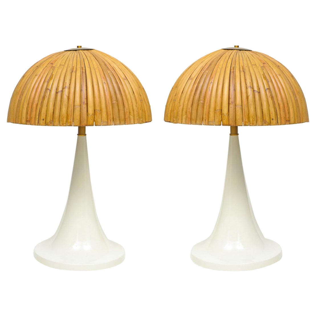 Large Bamboo Pair of Table Lamps with White Lacquer Bases