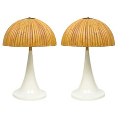 Large Bamboo Pair of Table Lamps with White Lacquer Bases