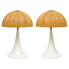 Gabriella Crespi Style Large Bamboo Pair of Table Lamps with White Lacquer Bases