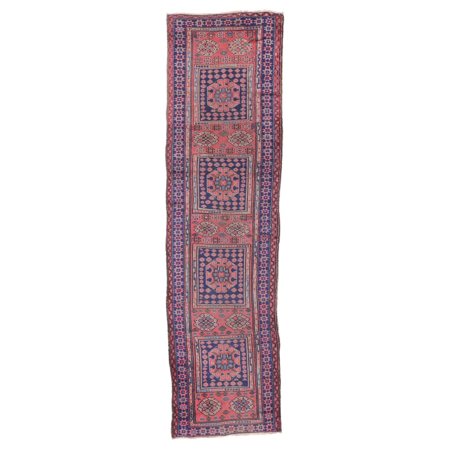 Antique Turkish Sparta Short and Narrow Pink Rose Geometric Runner Rug 