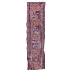 Antique Turkish Sparta Short and Narrow Pink Rose Geometric Runner Rug