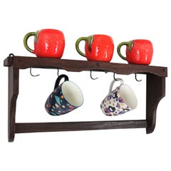 Spanish Rustic Wooden Wall Shelf with Iron Hooks for Mugs