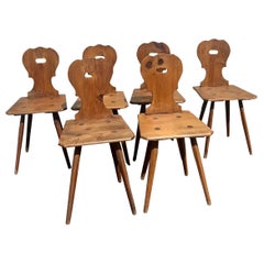 Vintage Set of 6 Swiss Handmade Farm House Carved Dining Chairs, Switzerland