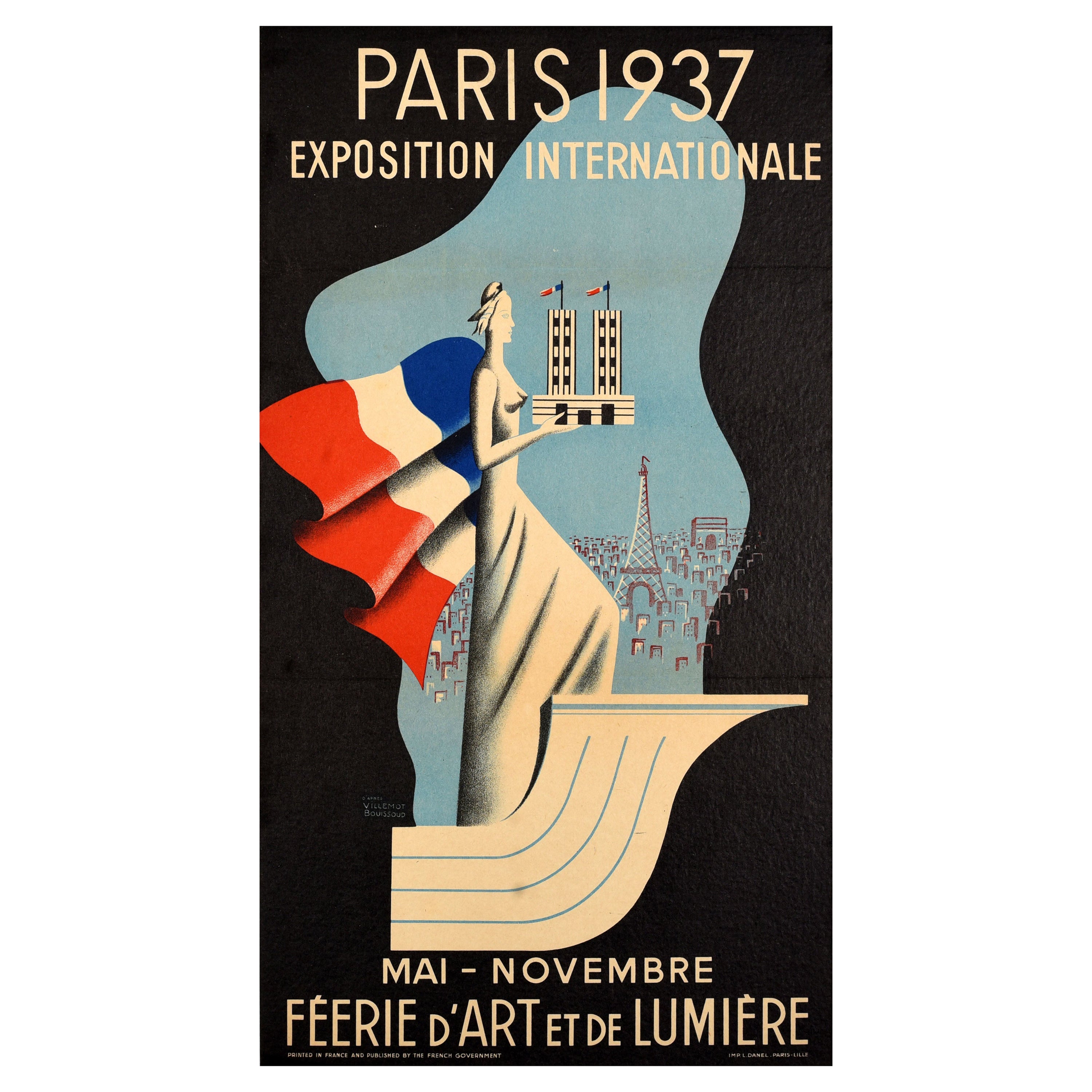 Original Vintage Travel Poster Paris 1937 World Fair Villemot Bouissoud Art Deco