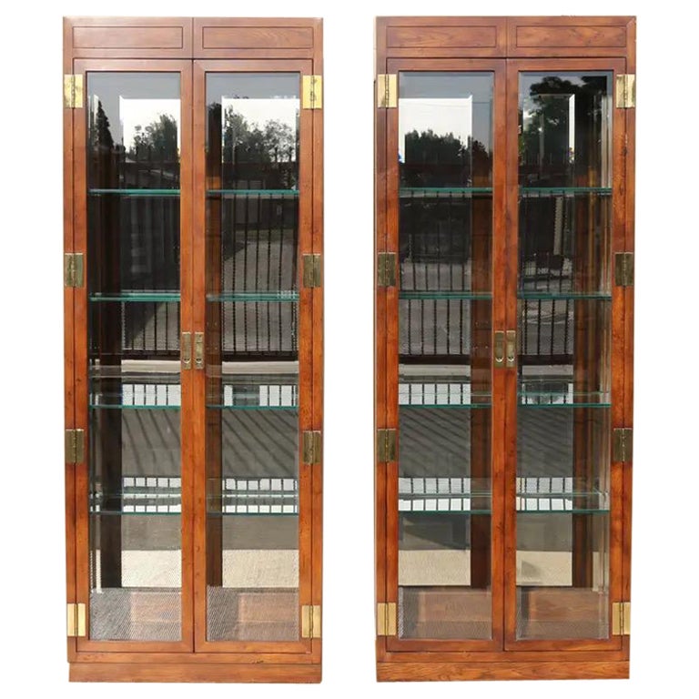 Vantage Pair of Campaign Style Curio Display Cabinets by Henredon
