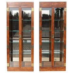 Vintage Vantage Pair of Campaign Style Curio Display Cabinets by Henredon