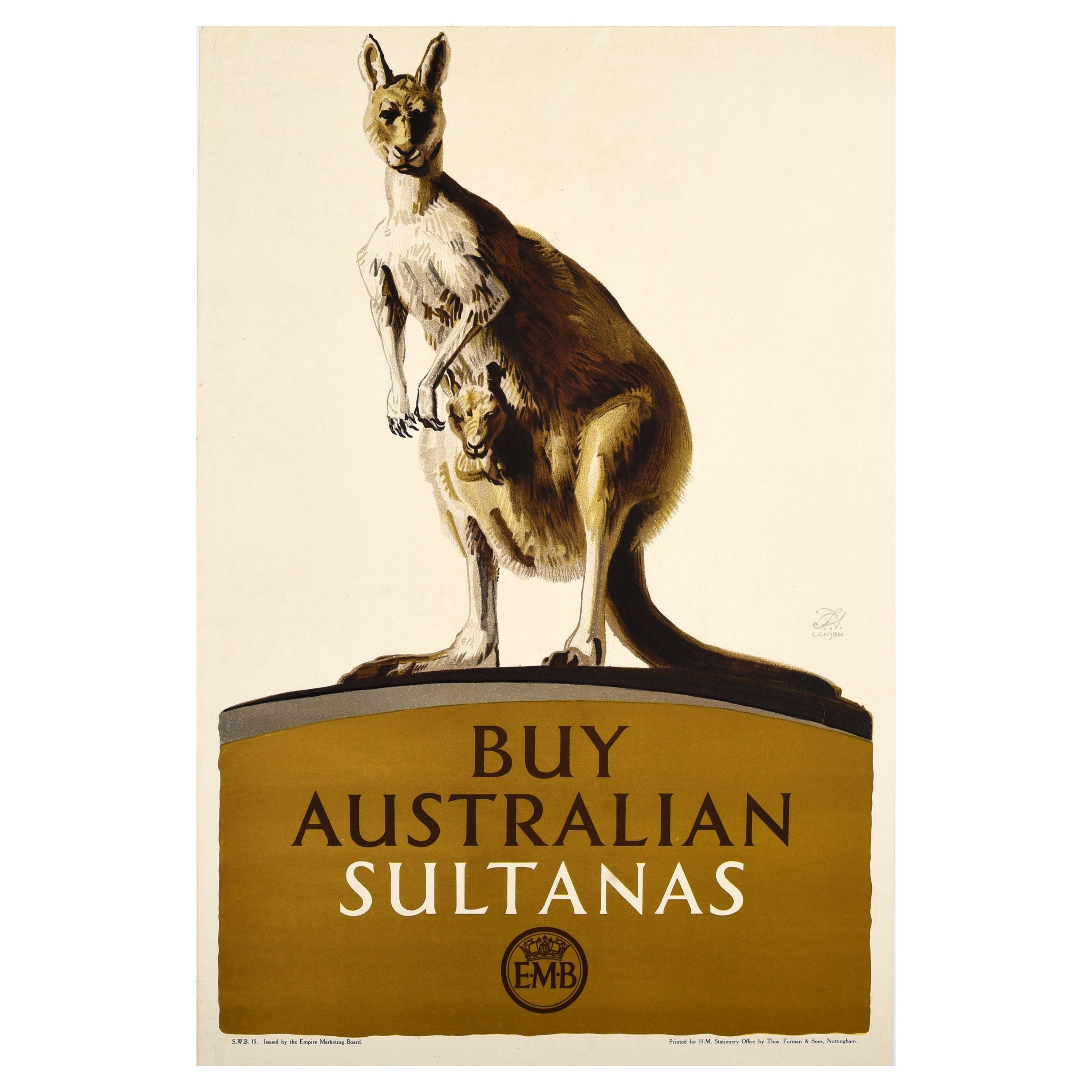 Affiche vintage d'origine EMB Australian Sultanas Empire Marketing Board Kangourou
