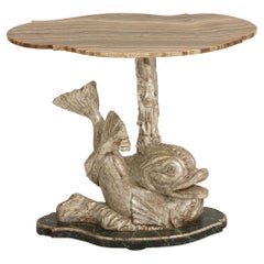 Antique 19th c. Italian Silver Leaf Dolphin Side Table with Original Wood Grain Onyx Top