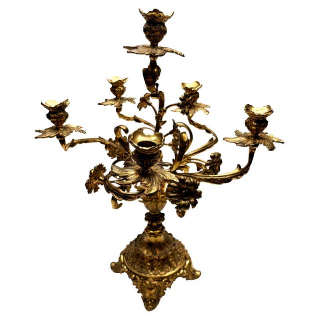 Bronze Interior Rocco Brevettato Brass and Marble Italian Clock and Candelabras For Sale at ...