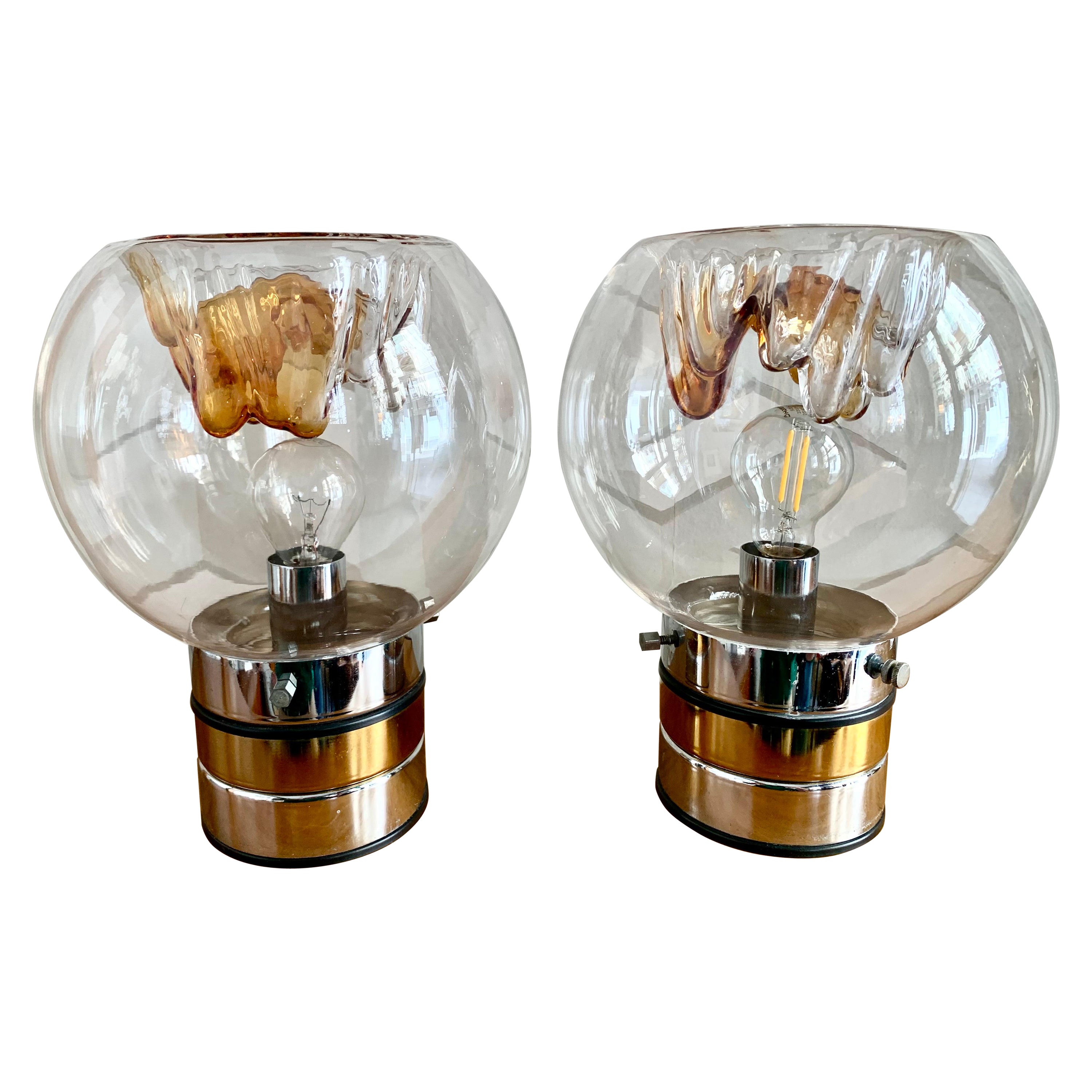 Pair of Mid Century Modern Brass Chrome Metal and Murano Glass Lamps by Mazzega For Sale