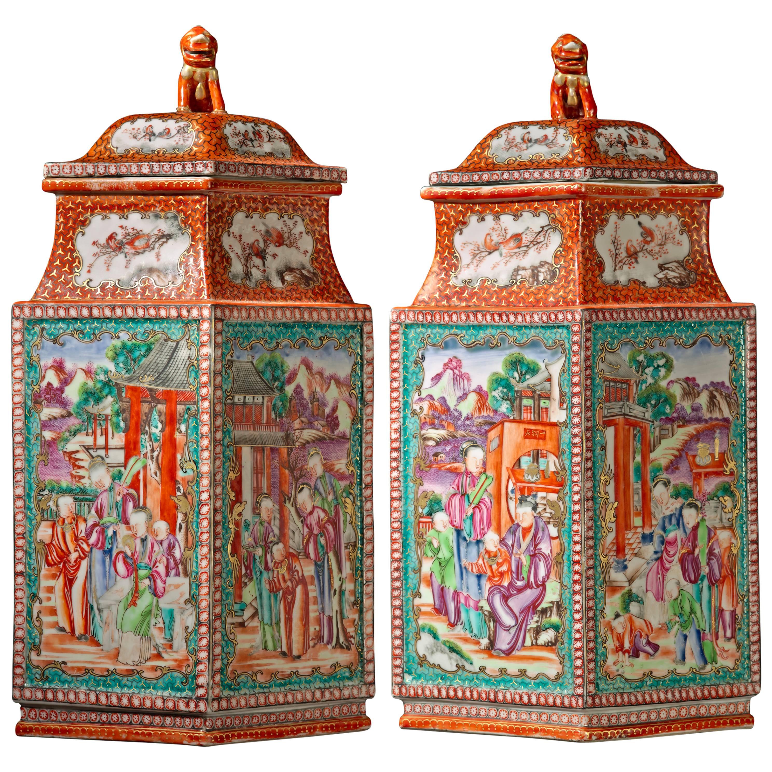 Beautiful Jiaqing Period Pair of Rhomboid Porcelain Vases with Cover For Sale