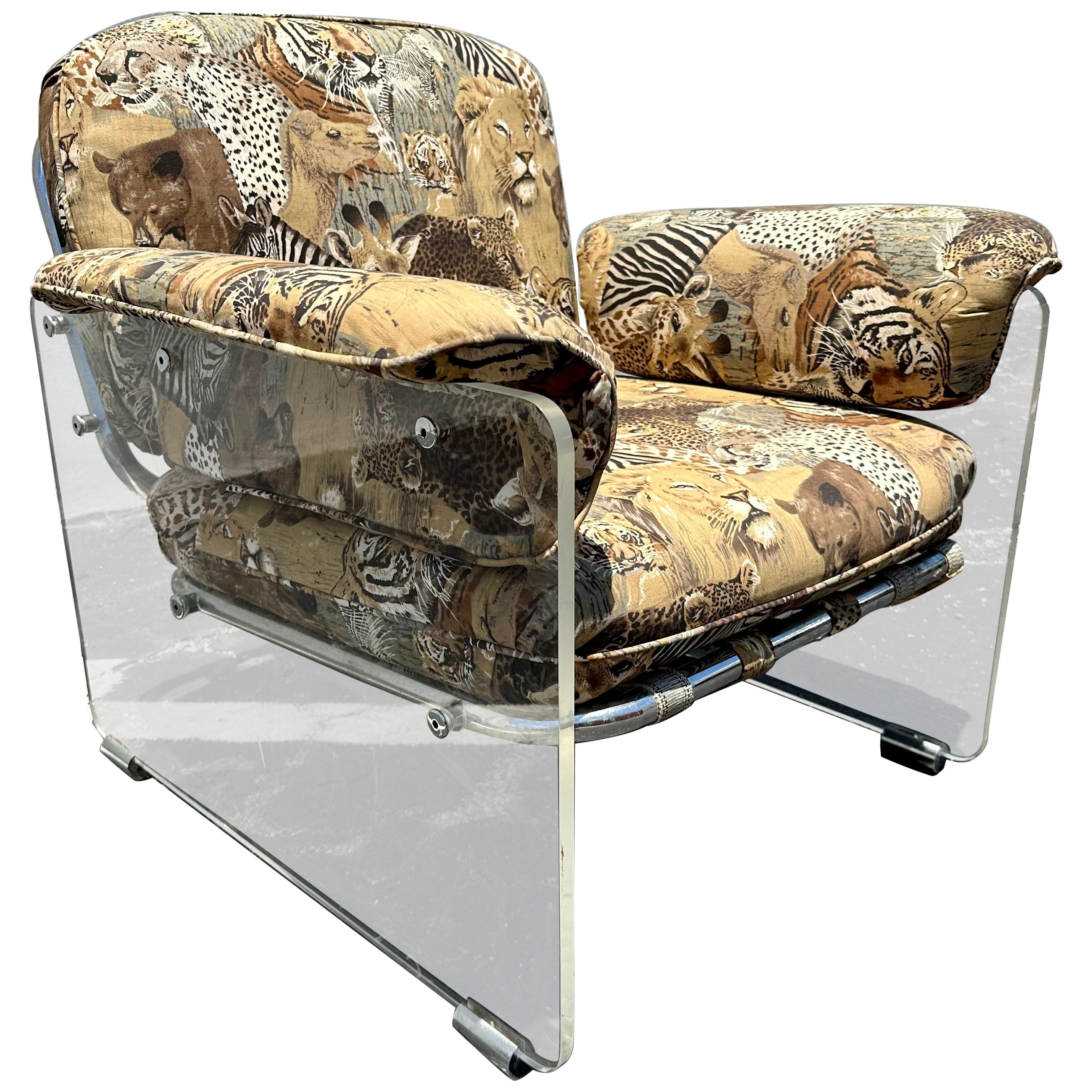 1970s Lucite Chrome Animal Safari Floating Club Chair For Sale