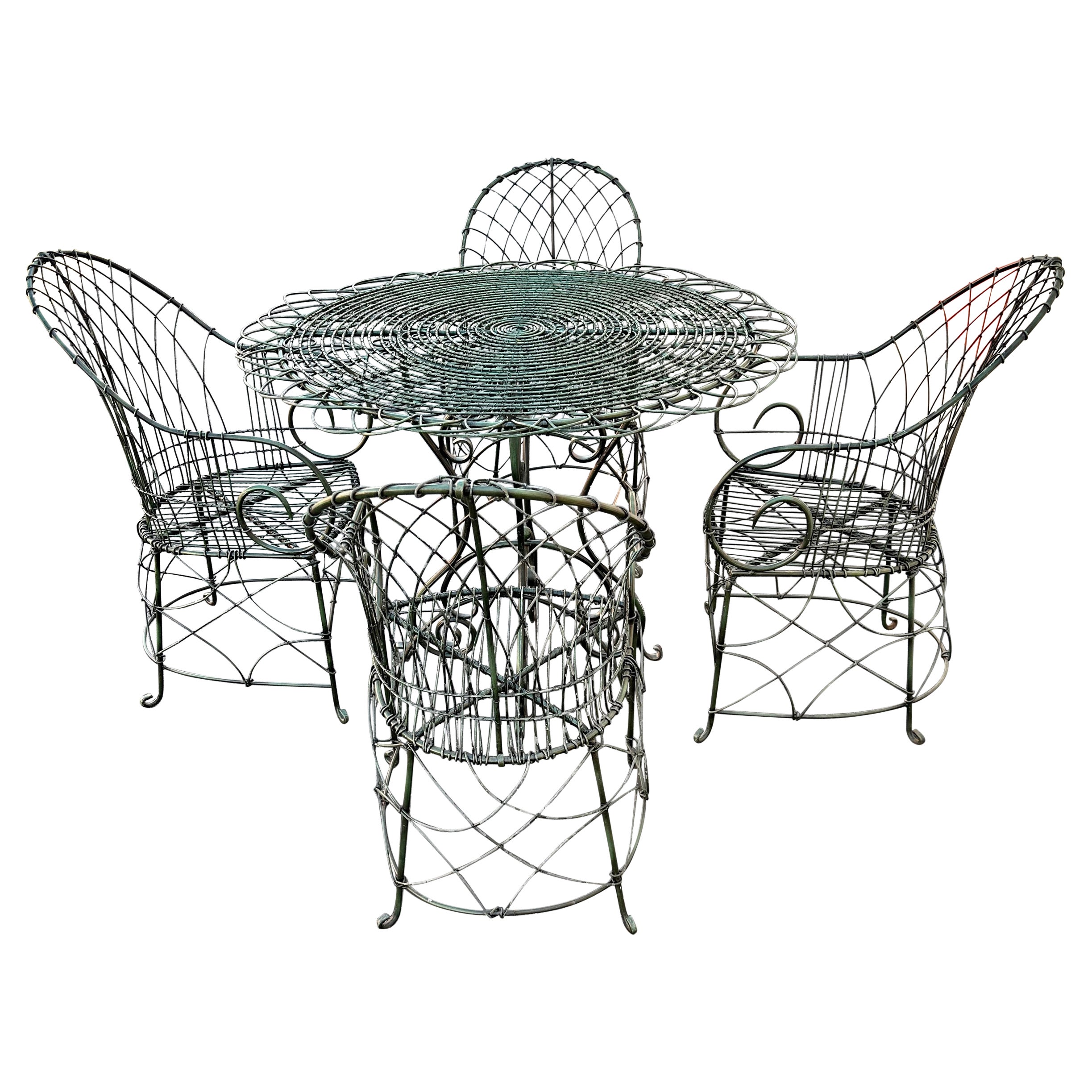 1970s Sculptural Hand Crafted Green Iron Steel Table and Chairs, set of 5