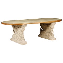 Vintage Maison Jansen Carved Stone, Oak and Lacquered Vellum Dining Table, c. 1940