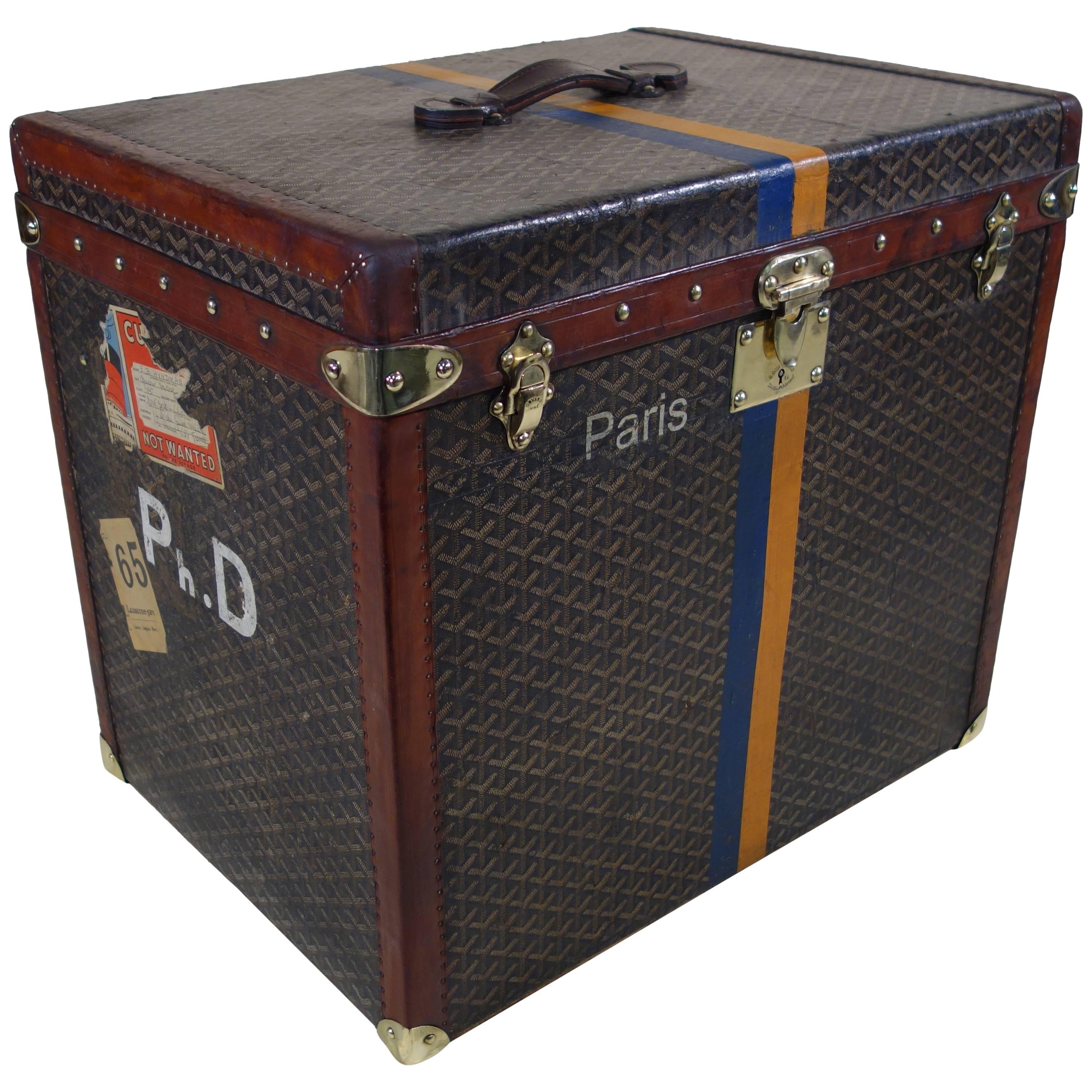 1920s Goyard Hat Trunk Chevron Canvas 