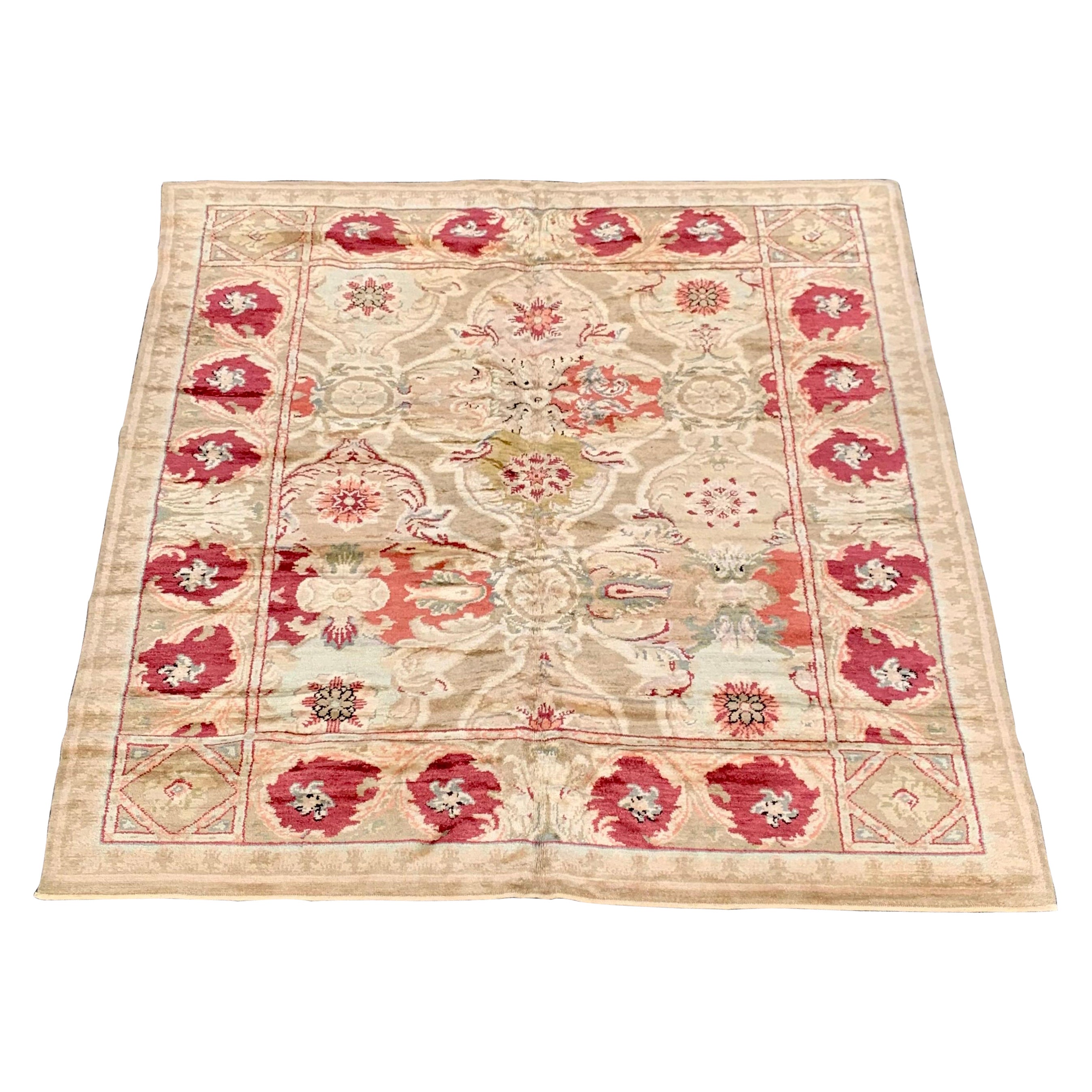 Vintage Beige and Burgundy Axminster Style Area Rug 8.5 x 10.2 ft For Sale