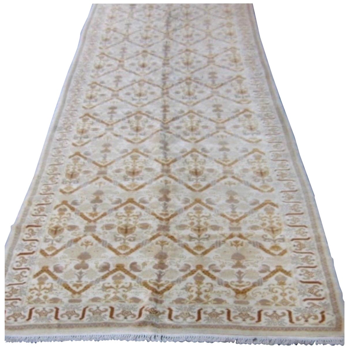 Antique Ivory Floral Spanish Savonnerie Runner Long Rug 6 x 19.9 ft.