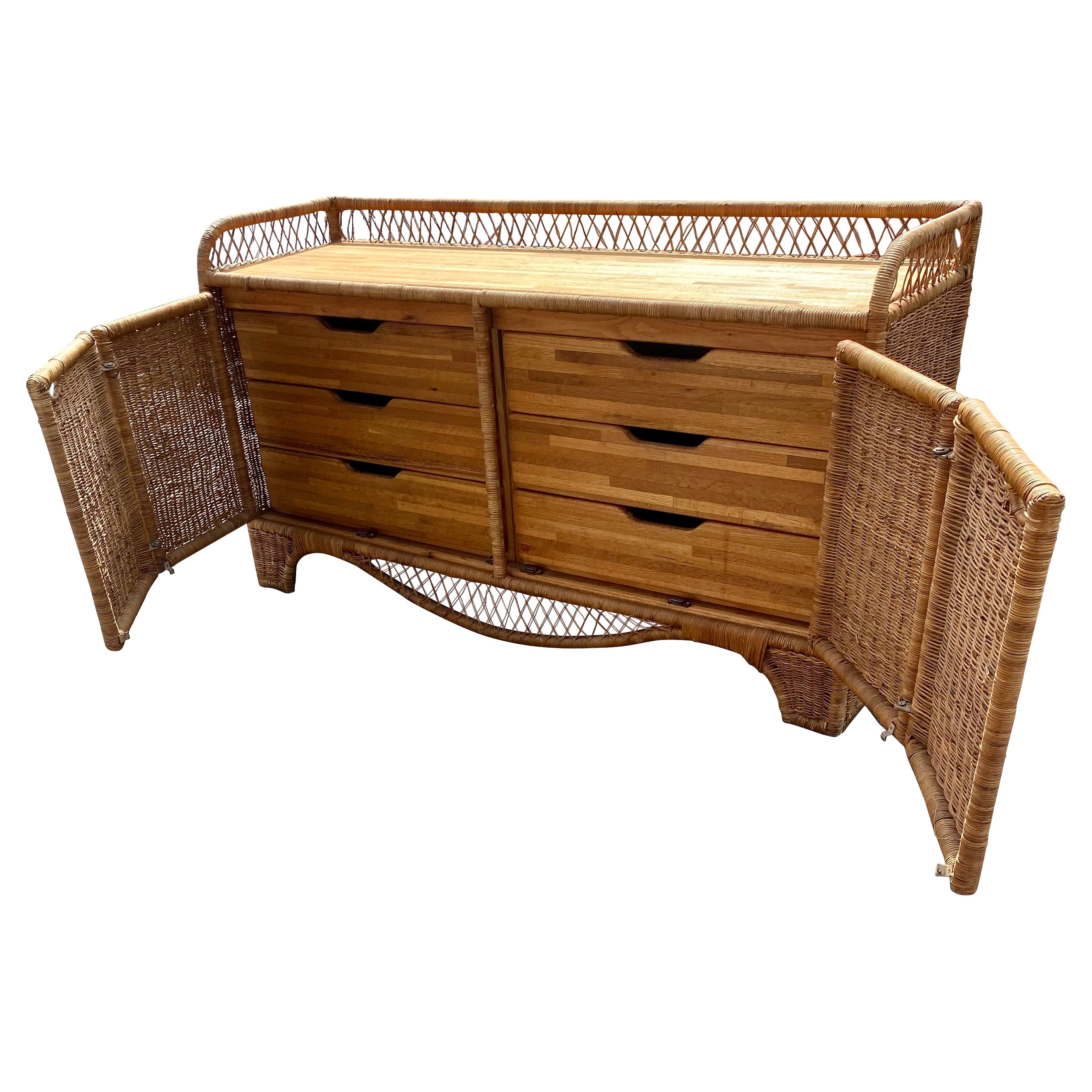 MCM 1960s Teak and Wicker Rattan Swing Doors Dresser Sideboard For Sale