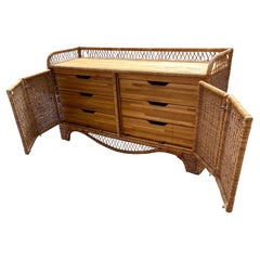 1960s Teak and Wicker Rattan Swing Doors Dresser Sideboard