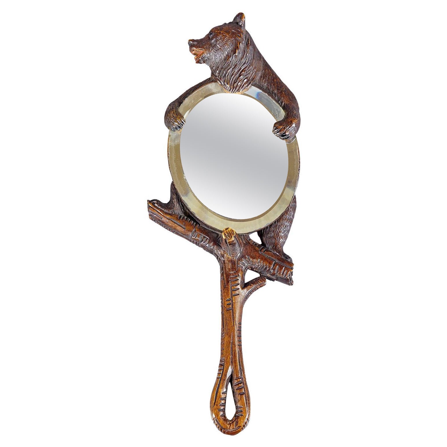 Antique Victorian Vanity Mirror with Bear, Black Forest ca. 1900