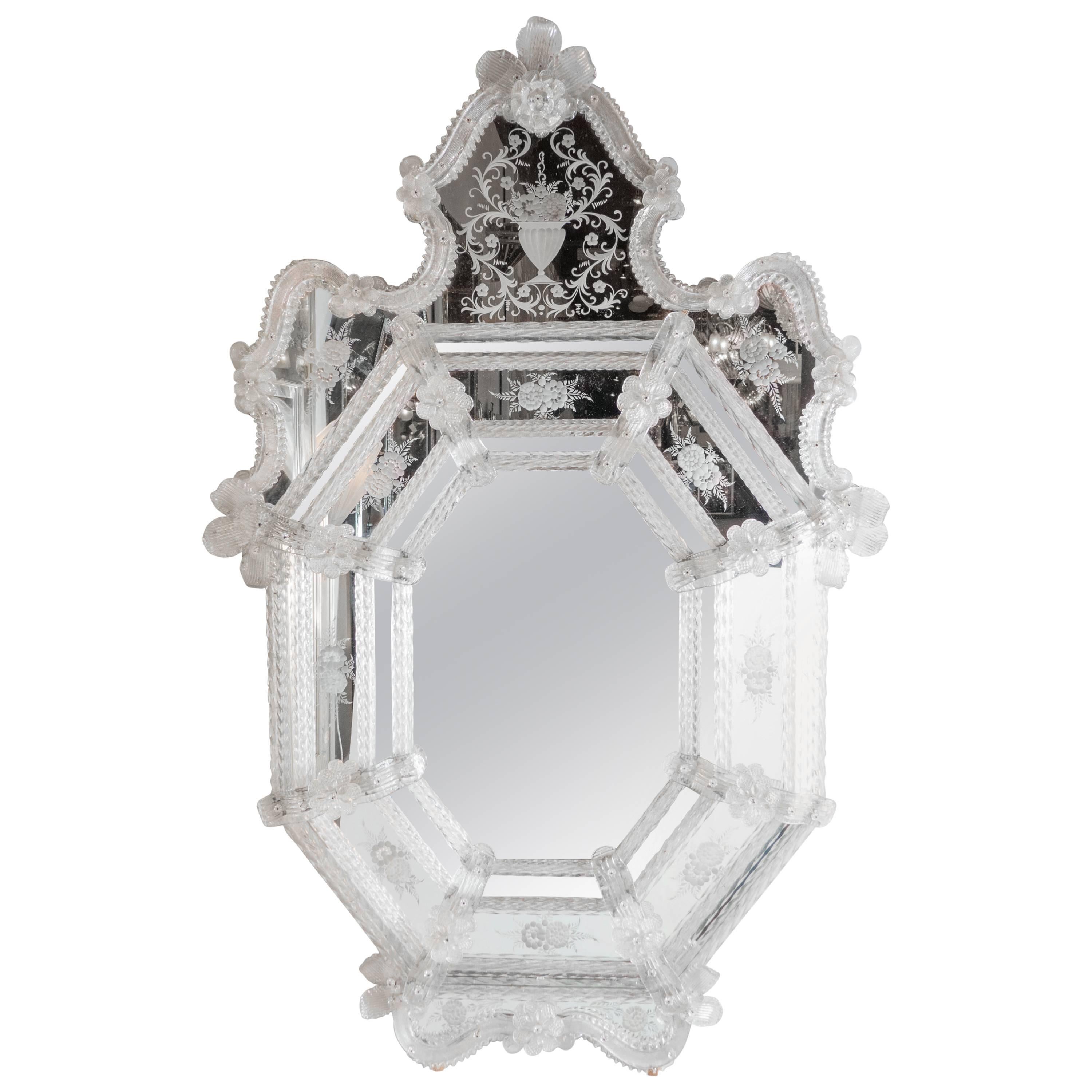 Murano Venetian Mirror with Intricate Stylized Floral and Foliage Appliques