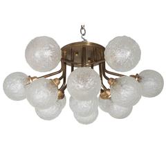 Mid-Century Patinated Brass Flush Mount Chandelier with 12 Textured Glass Globes 4