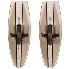 Pair of Three-Panel Modernist Smoked Glass Elliptical Sconces by Veca