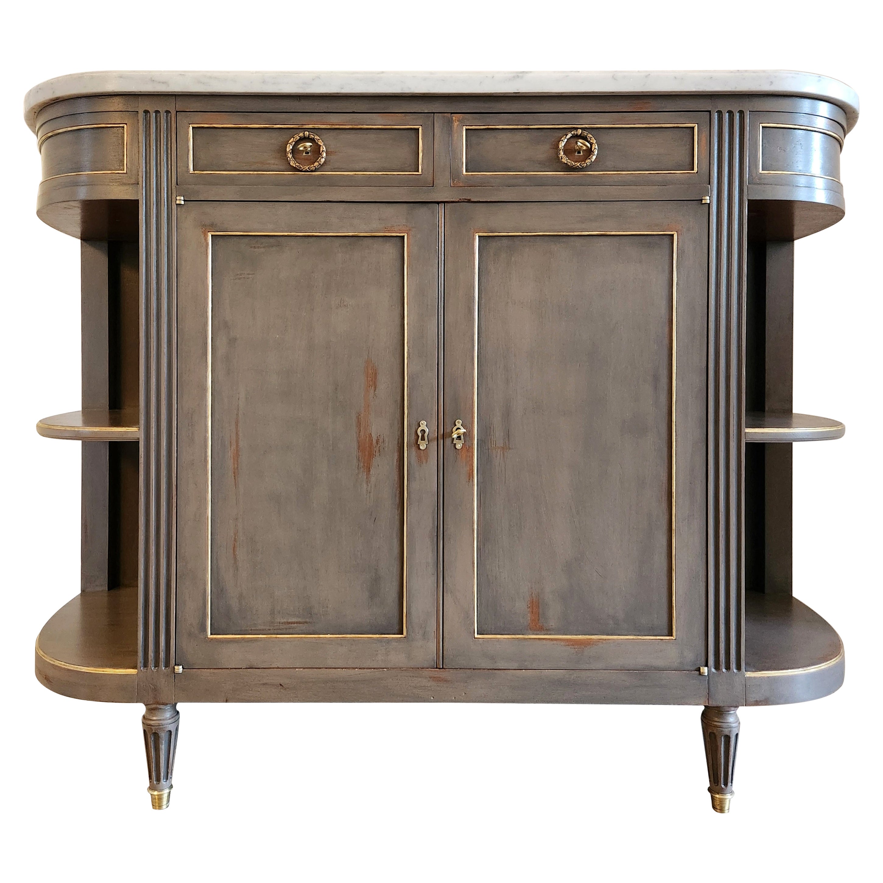 Buffet français ancien Louis XVI, marbre de Carrare, détails en bronze