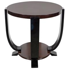Art Deco Lacquered Gueridon Table in Burled Walnut with Ebonized Legs
