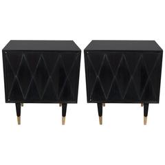 Pair of Diamond-Front Nightstands in Ebonized Walnut with Brass Sabots