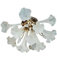 Flush Mount Chandelier with Frosted Murano Glass Flowers and Brass Fittings