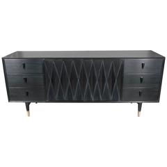 Sophisticated Diamond-Front Credenza in Ebonized Walnut with Brass-Capped Legs