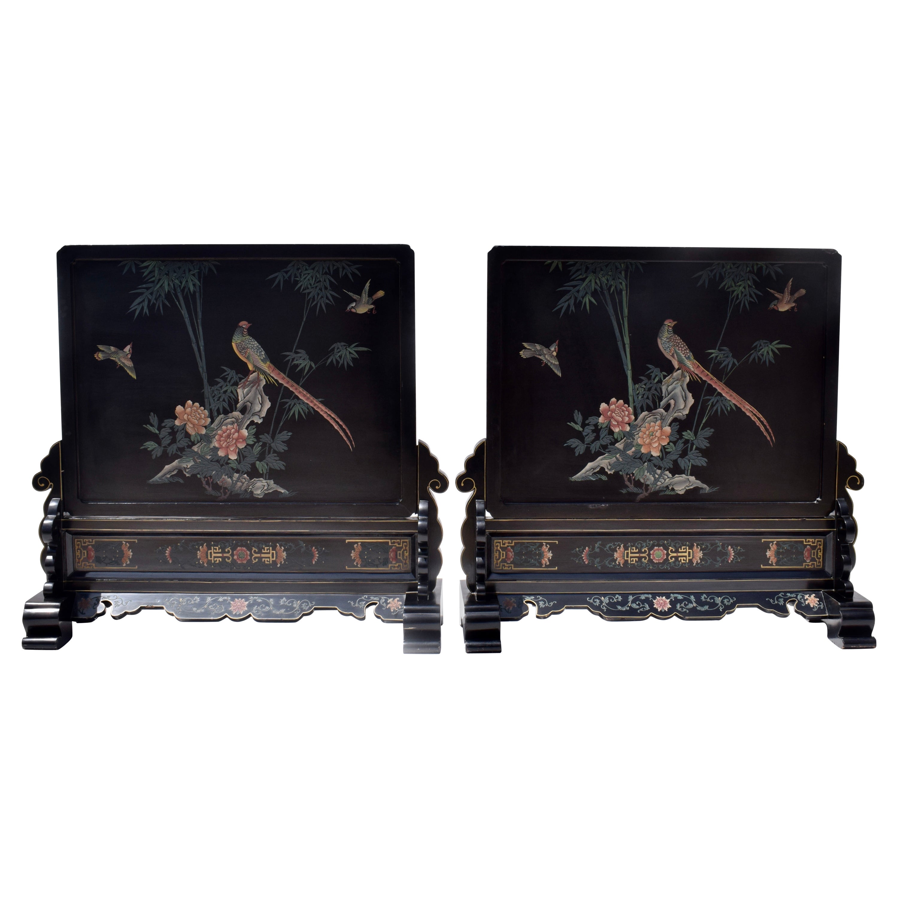 Chinoiserie Wood Screen Room Dividers, Pair