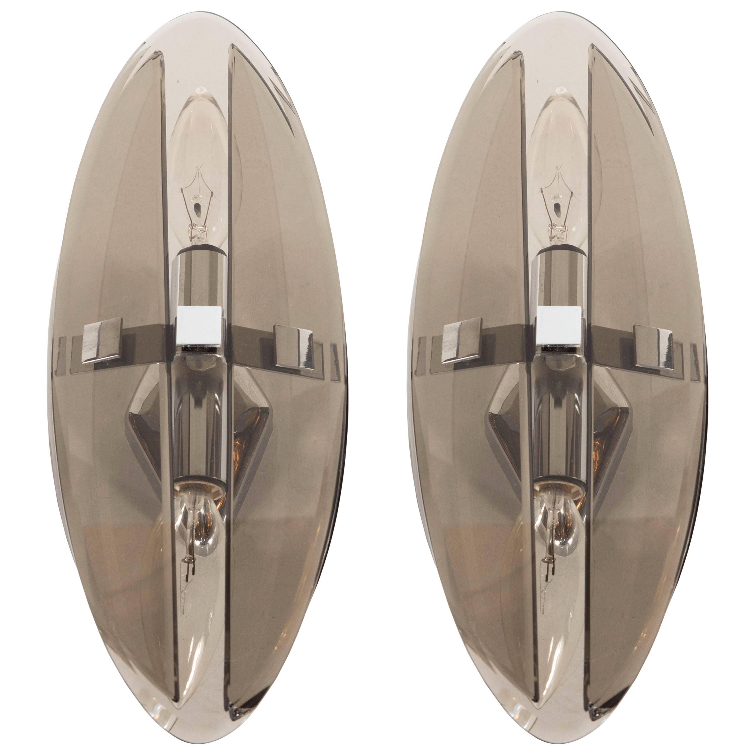 Pair of Mid-Century Modernist Smoked Glass Elliptical Sconces by Veca