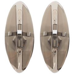 Pair of Mid-Century Modernist Smoked Glass Elliptical Sconces by Veca 5
