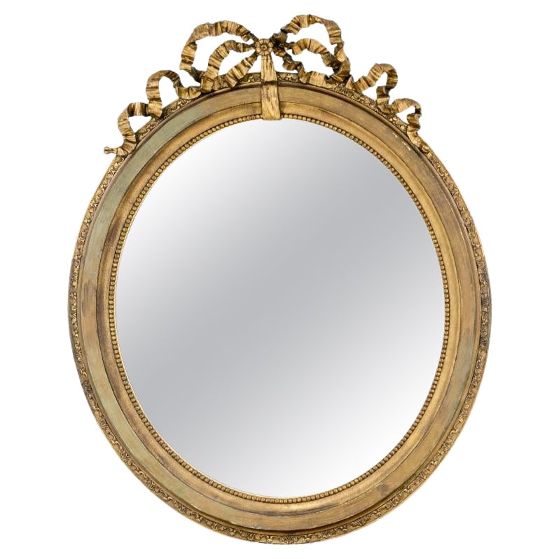 Antique French Louis XVI Style Carved Oval Gesso & Giltwood Mirror
