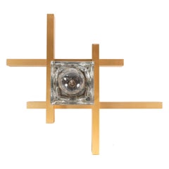 Mid-Century Modernist Flush Mount Brass and Cubed Glass Fixture by Sciolari
