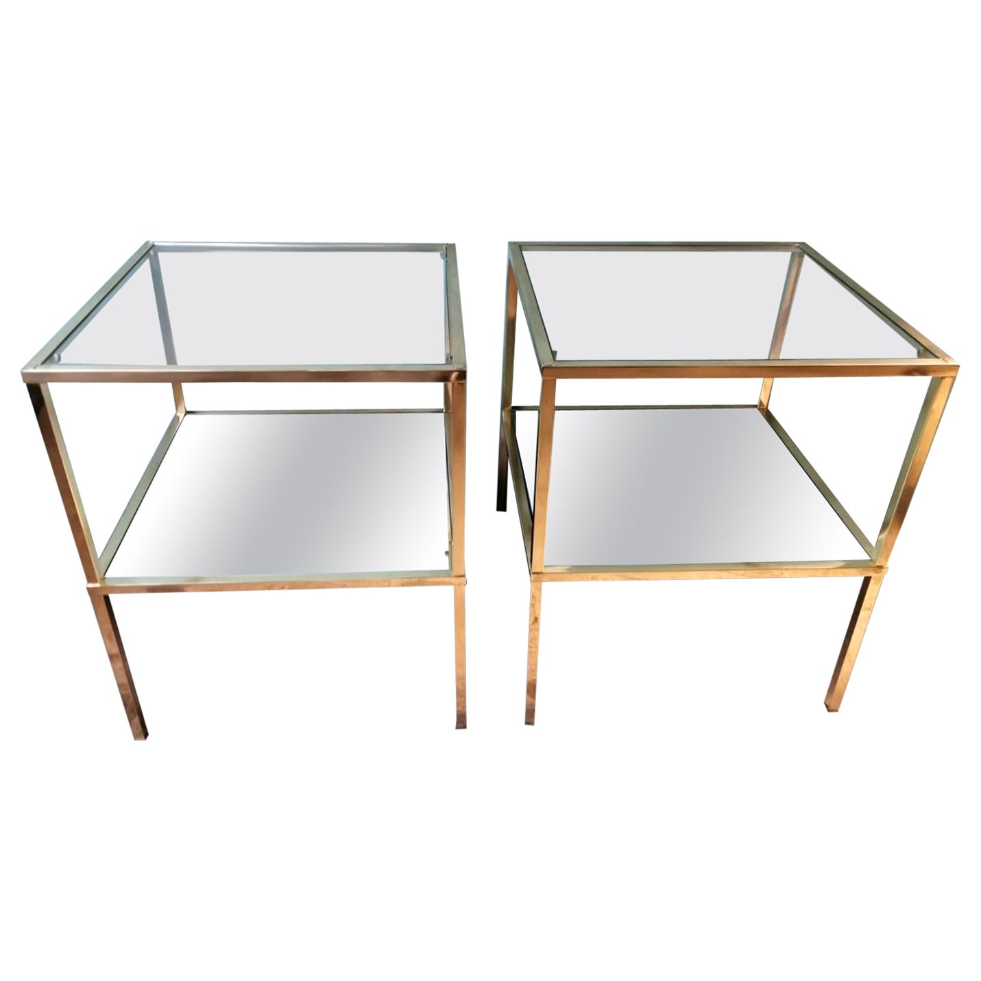 Paar italienische Couchtische aus Messing im italienischen Willy Rizzo-Stil mit Glas- und Spiegelplatten im Angebot