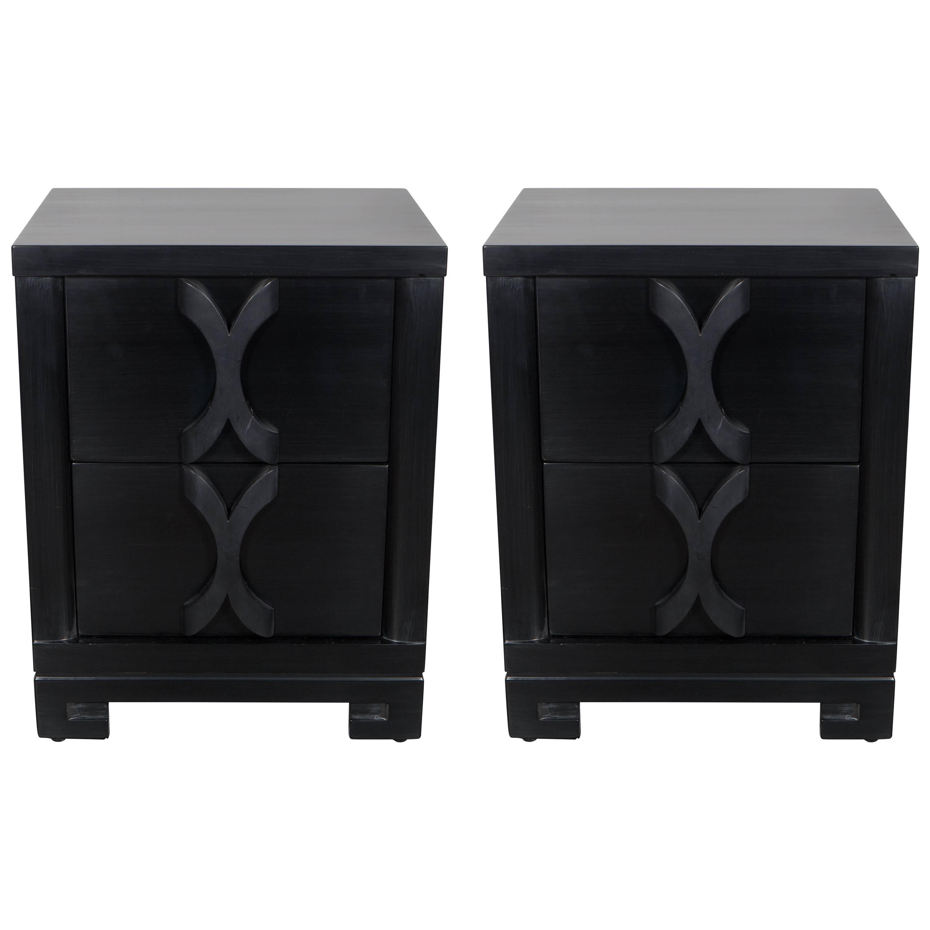 Mid-Century Modernist Nightstands in Ebonized Walnut with X-Shaped Pulls