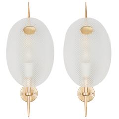 Pair of Sconces in Polished Brass and Textured Glass in the Manner of Ponti