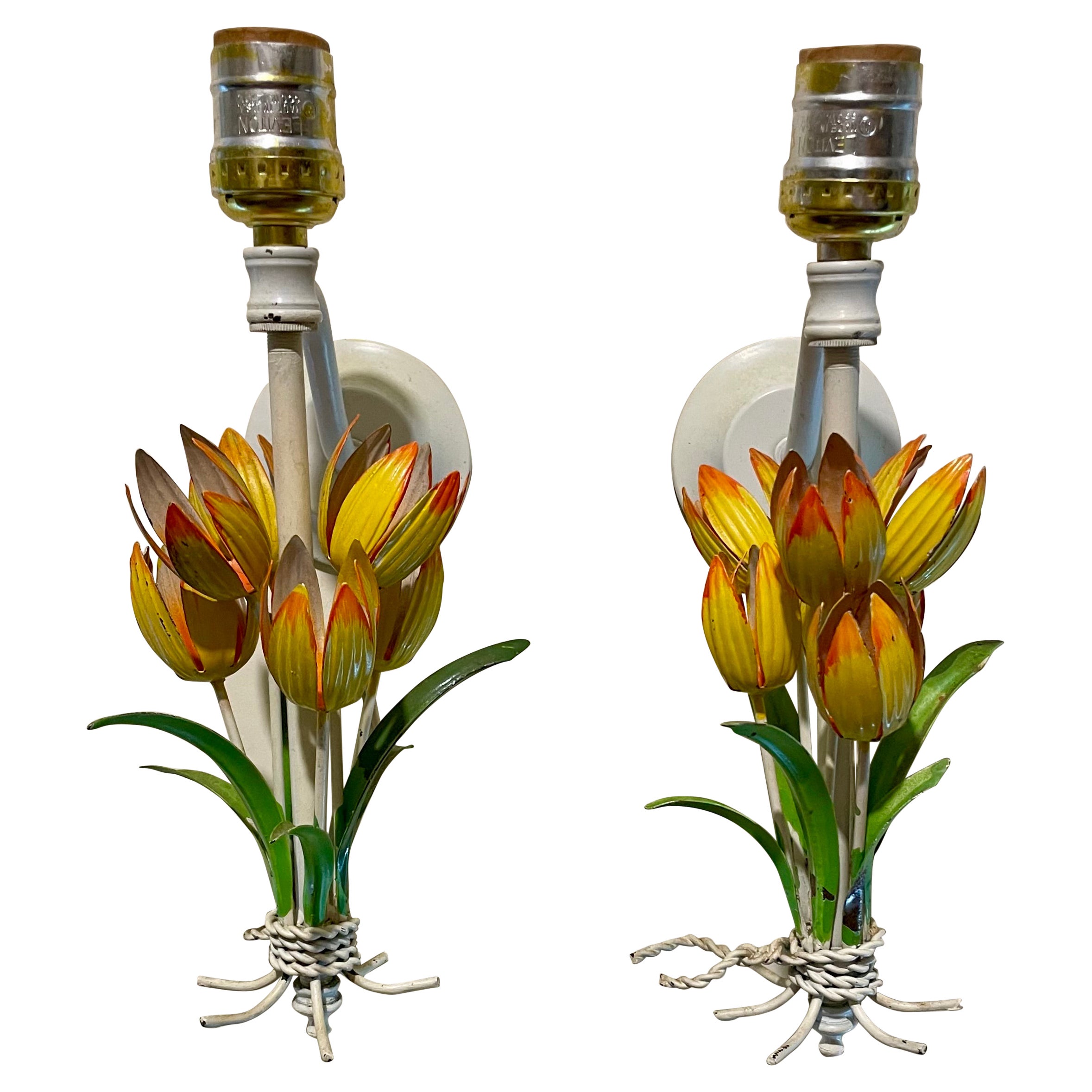 Pair Vintage Italian Tole Painted Tulip Sconces