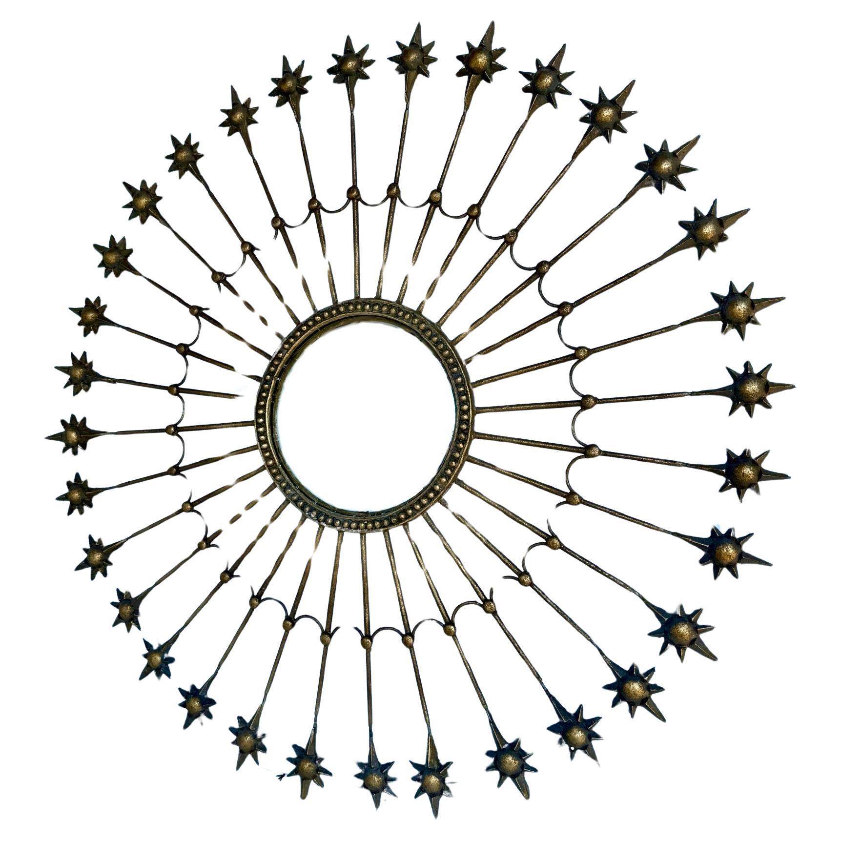 Large Round Gold Leaf Sunburst Starburst Mirror Hollywood Regency