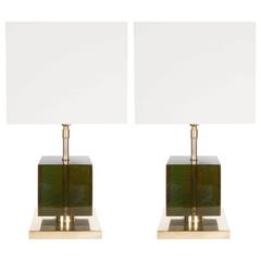 Pair of French Midcentury Table Lamps in Brass and Emerald Lucite